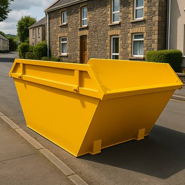 A yellow skip on a street in front of a house.